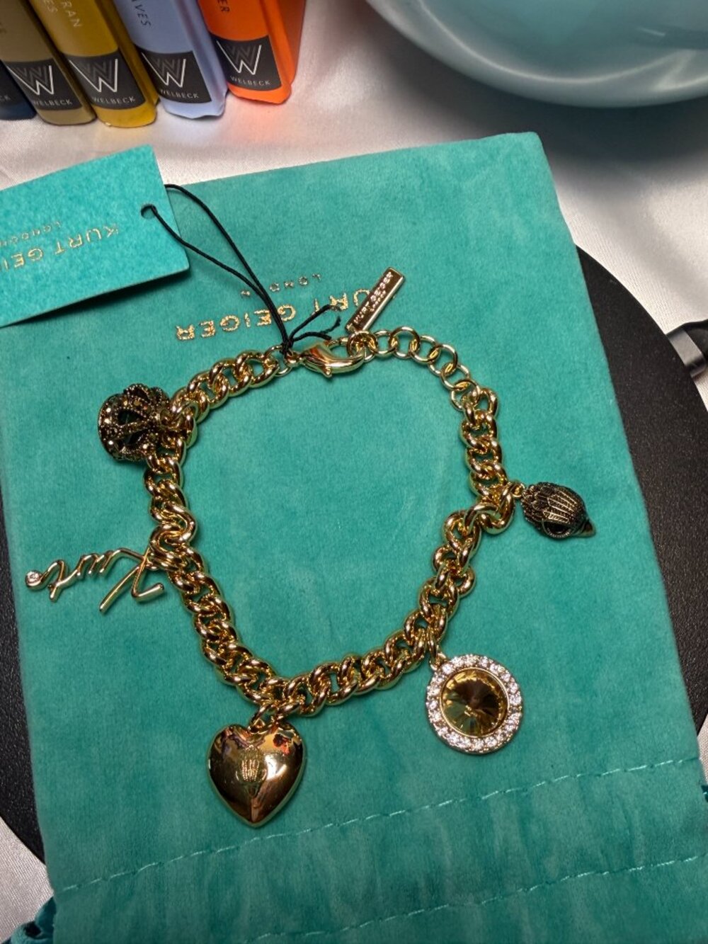 Kurt Geiger Gold Tone Mixed Charm Curb Chain Bracelet NWT